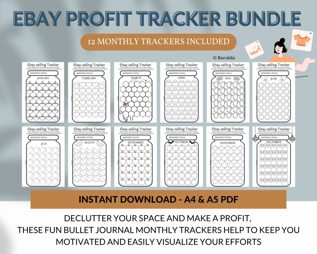 Printable monthly eBay profit trackers, premade bullet journal trackers, monthly sales tracker, finance log, budget tracker jar A4 & A5 PDFs